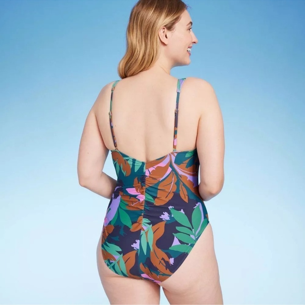 Shade & Shore NEW Shirred Plunge One Piece Swimsuit Floral Print Women’s Sz 14 - Picture 2 of 6